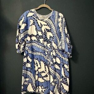 Blue & White Printed Midi Dress with Gathered Waist